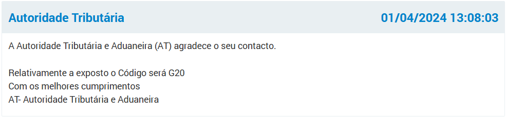 Resposta da AT ao pedido de informação: código G20 para ETFs